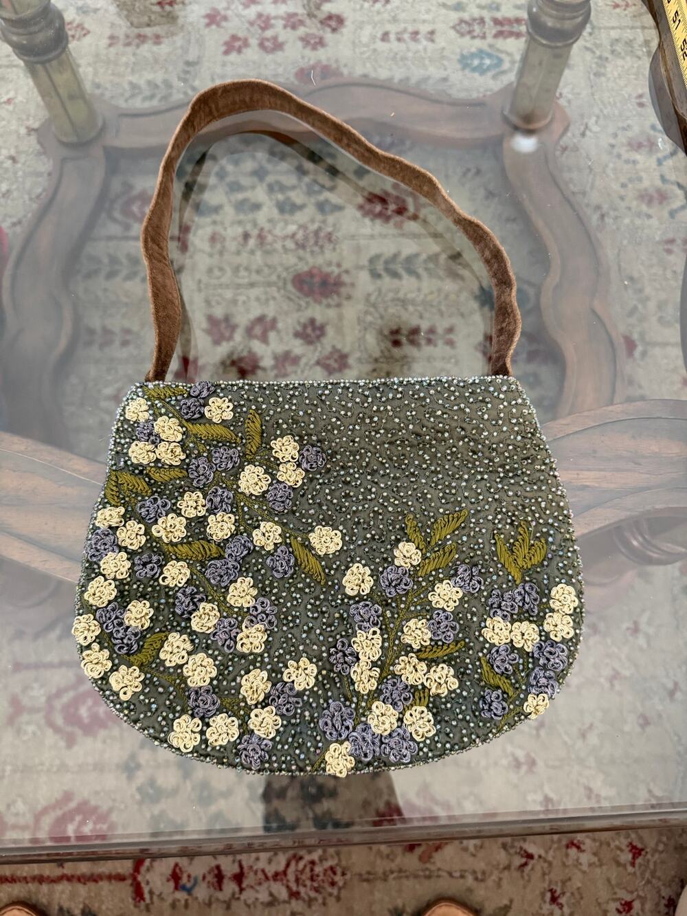 Vintage Moyna Tote Handbag Olive Green Brown Floral Beaded Embroidered